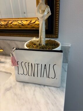 Rae Dunn White "ESSENTIALS" Canvas Pouch with Pink Tassel